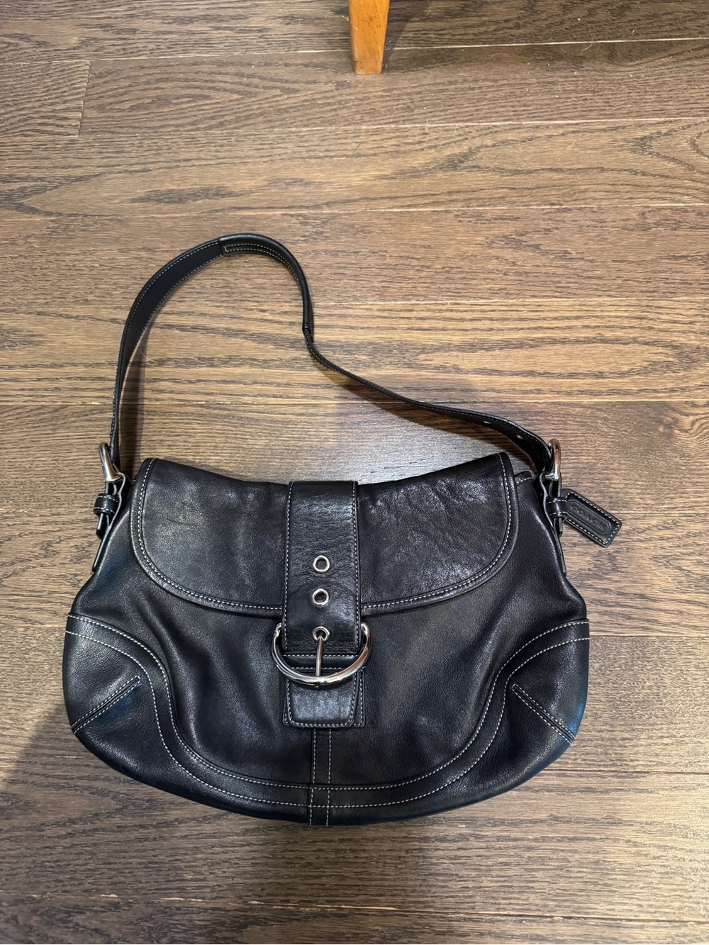Coach Black Leather Shoulder Bag with Front Buckle